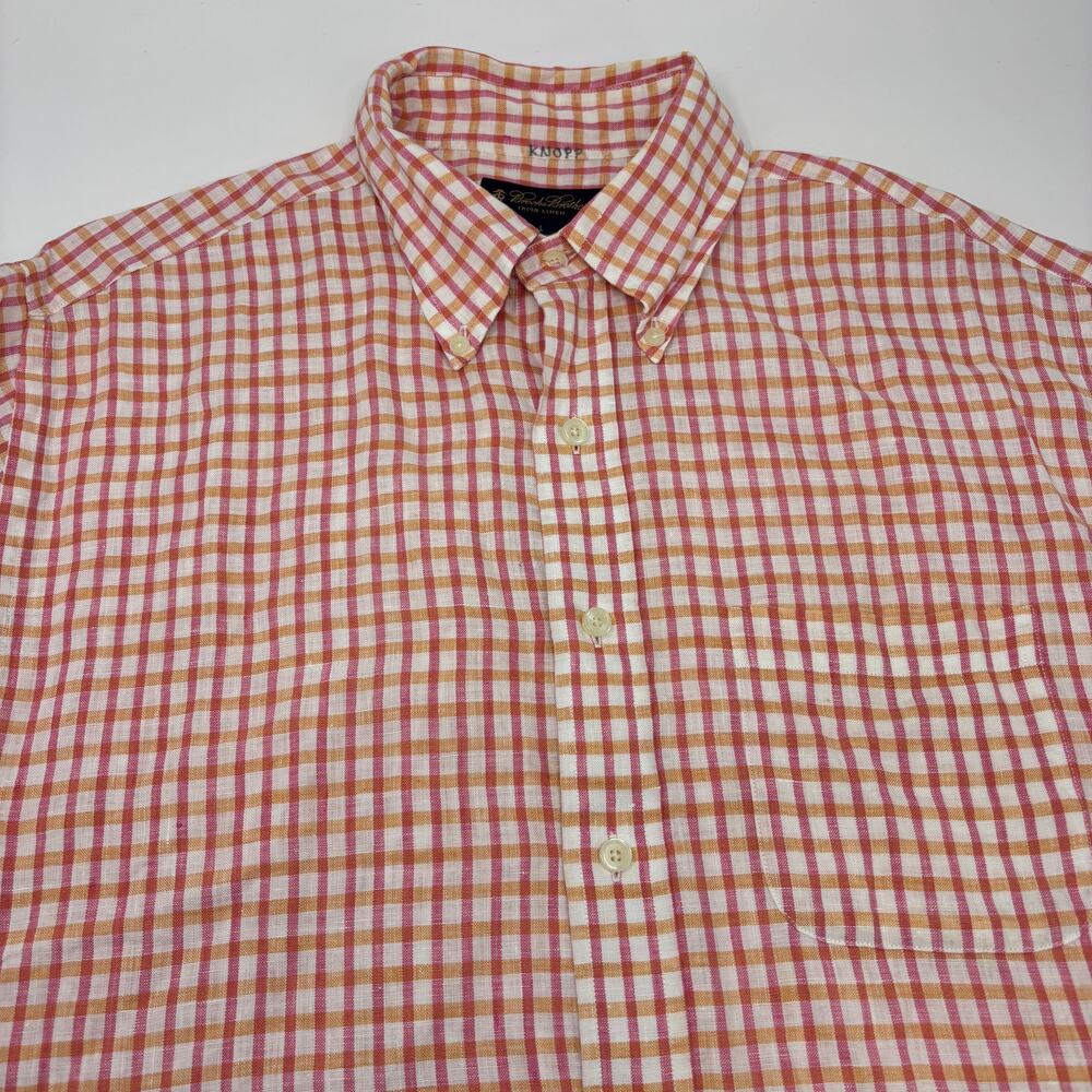 Brooks Brothers Large Orange Red Plaid 100% Linen Short Sleeve Button Down Shirt